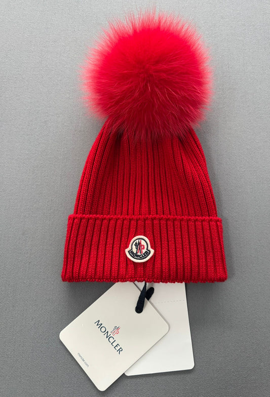 Moncler Red Ribbed Knitted Wool Pink Pom Pom Beanie