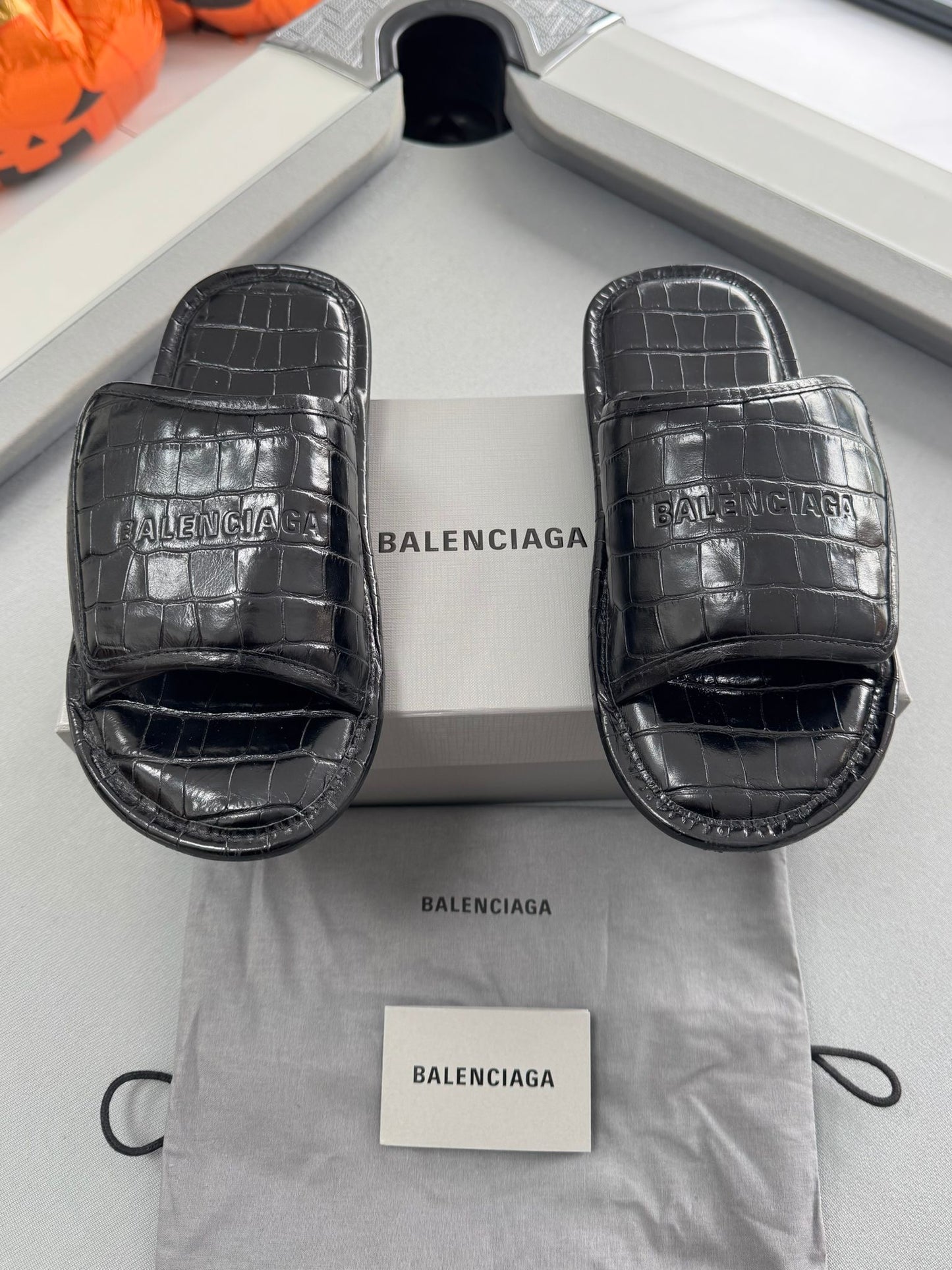 Balenciaga Home Logo And Crocodile-Embossed Leather Slider Sandals - Size: UK6 (EU39)