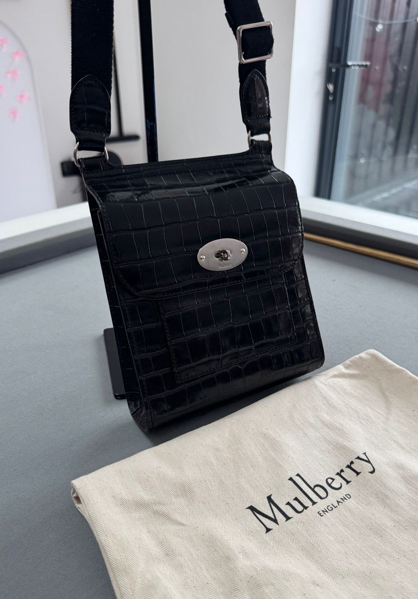 Mulberry Black Shiny Croc Embossed Anthony Satchel Bag