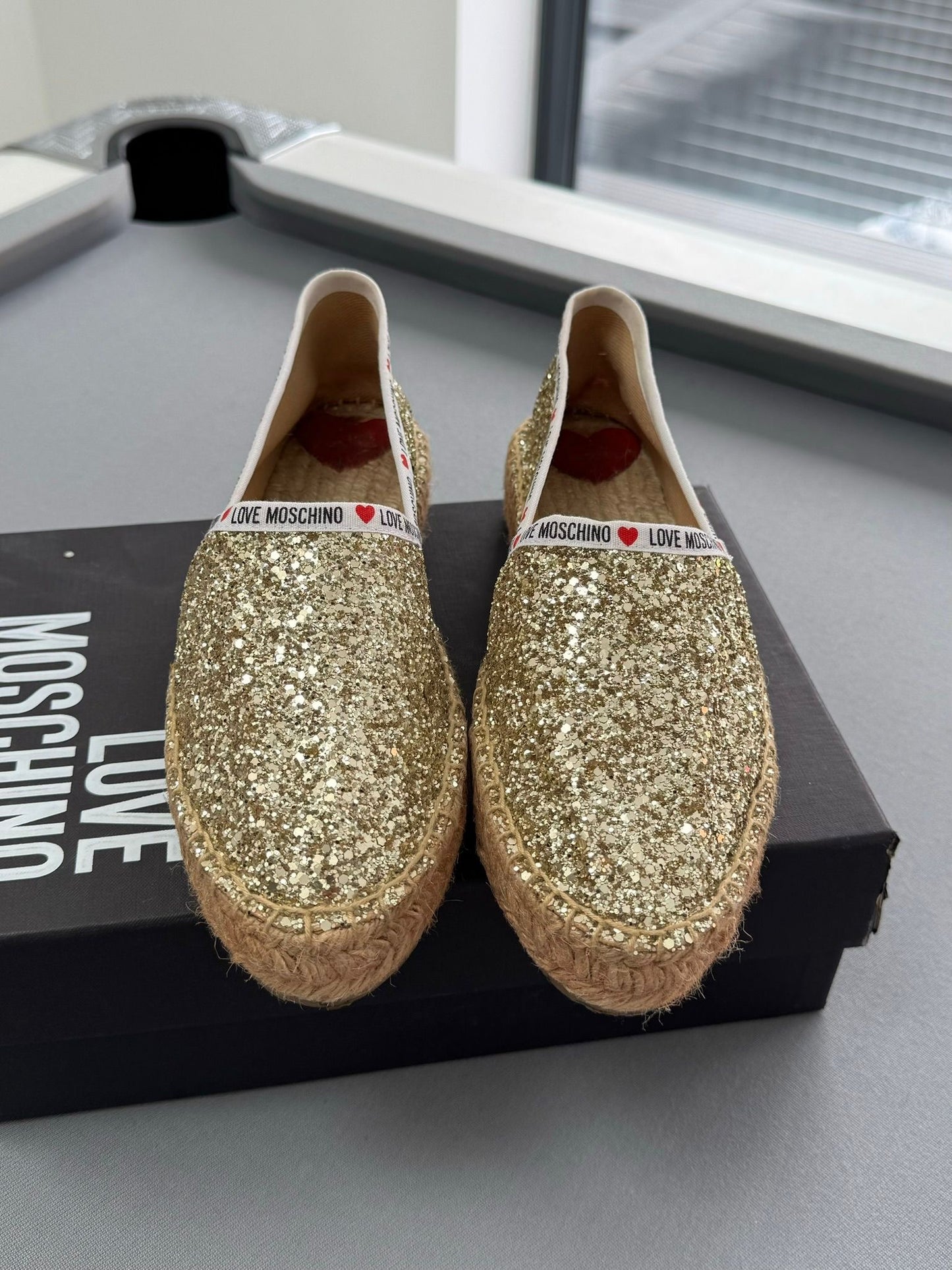 Moshino Love Gold Glitter Espadrilles - Size: UK6 (EU39)