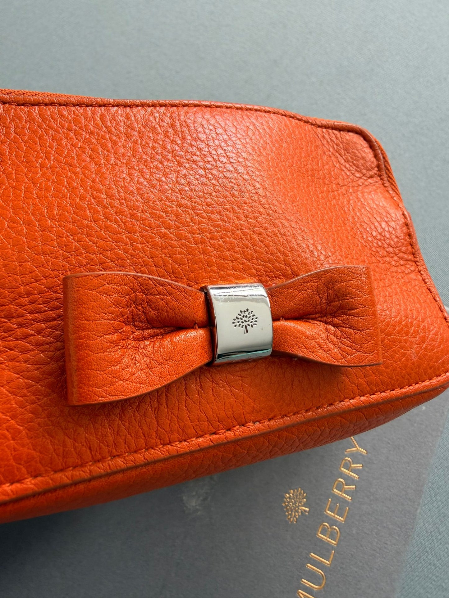 Mulberry Bow Wristlet Double Zip Pouch in Orange With Silver Hardware