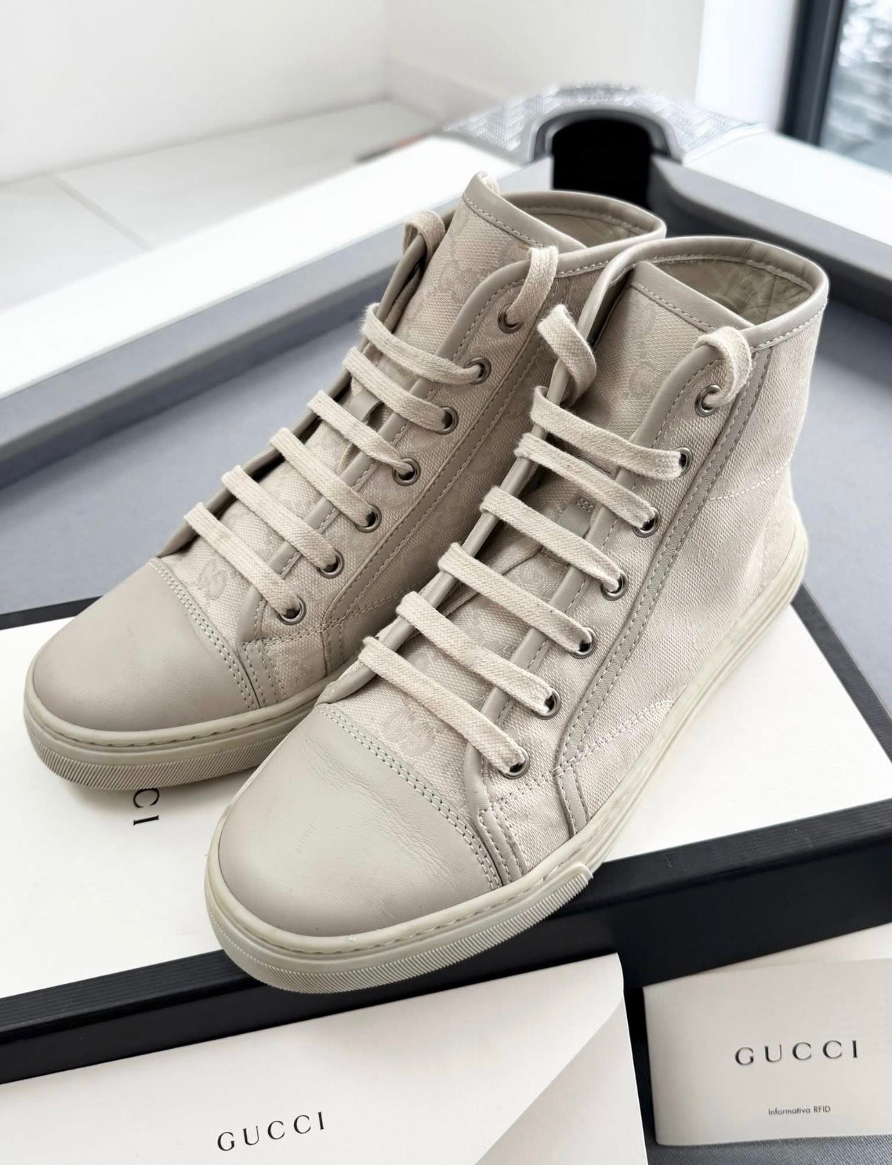 Gucci Beige GG Monogram High Top Sneakers - UK 3 EU 36 - Fit UK 5 Perfectly