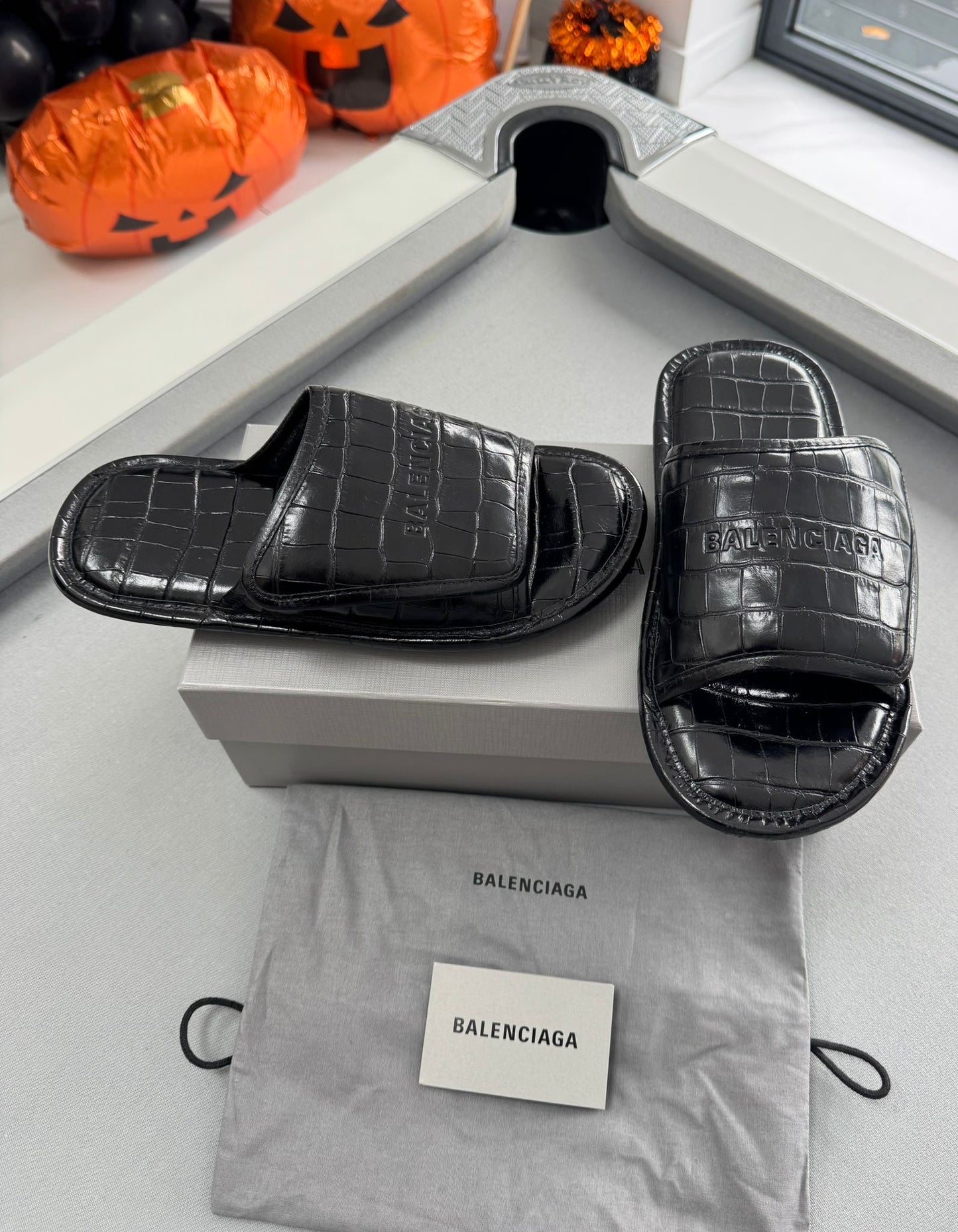 Balenciaga Home Logo And Crocodile-Embossed Leather Slider Sandals - Size: UK6 (EU39)