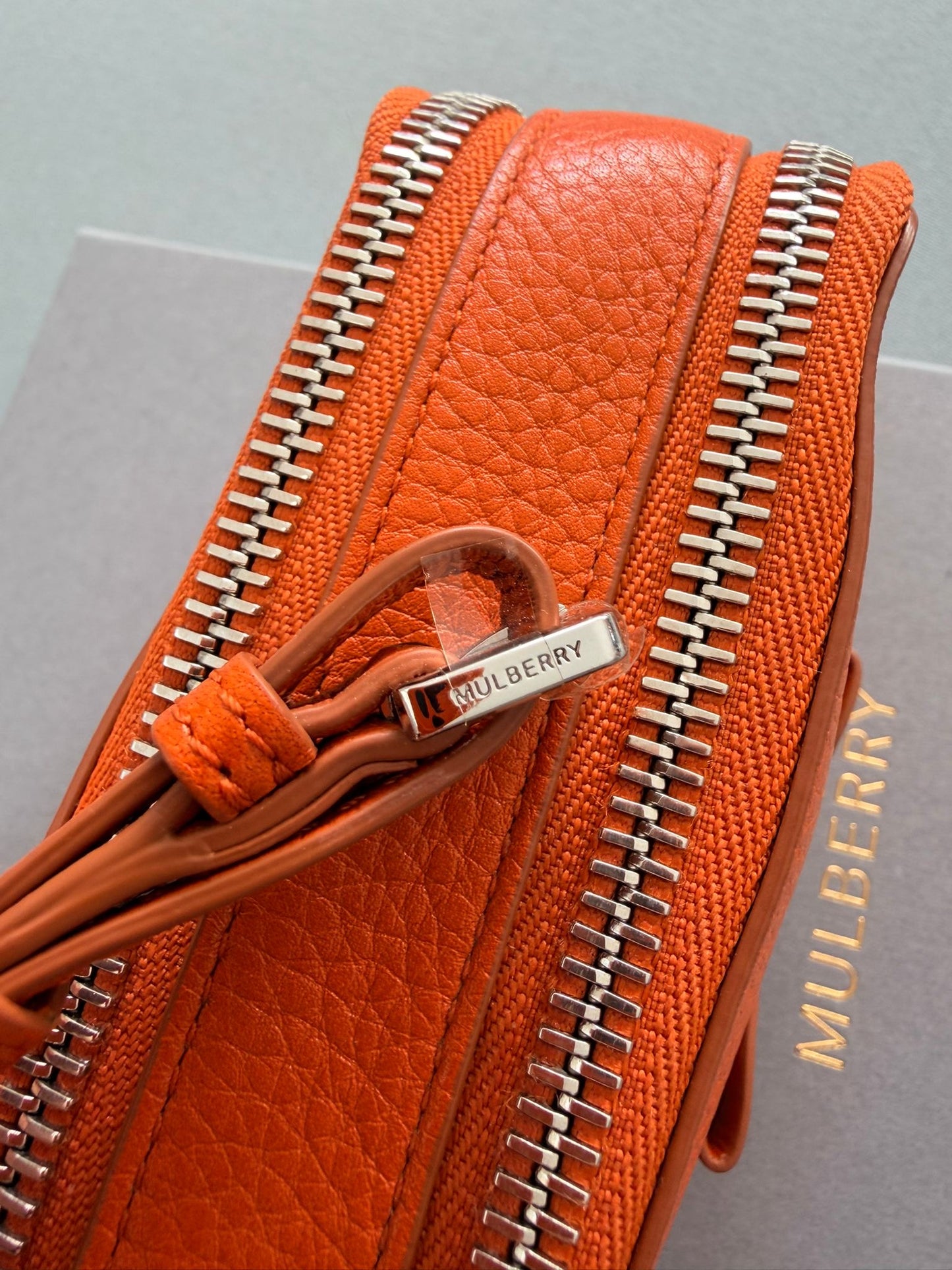 Mulberry Bow Wristlet Double Zip Pouch in Orange With Silver Hardware
