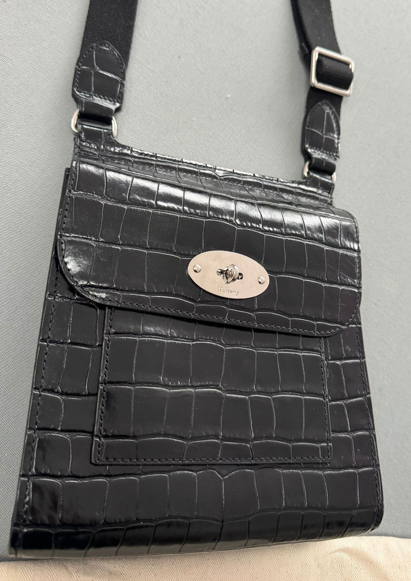 Mulberry Black Shiny Croc Embossed Anthony Satchel Bag