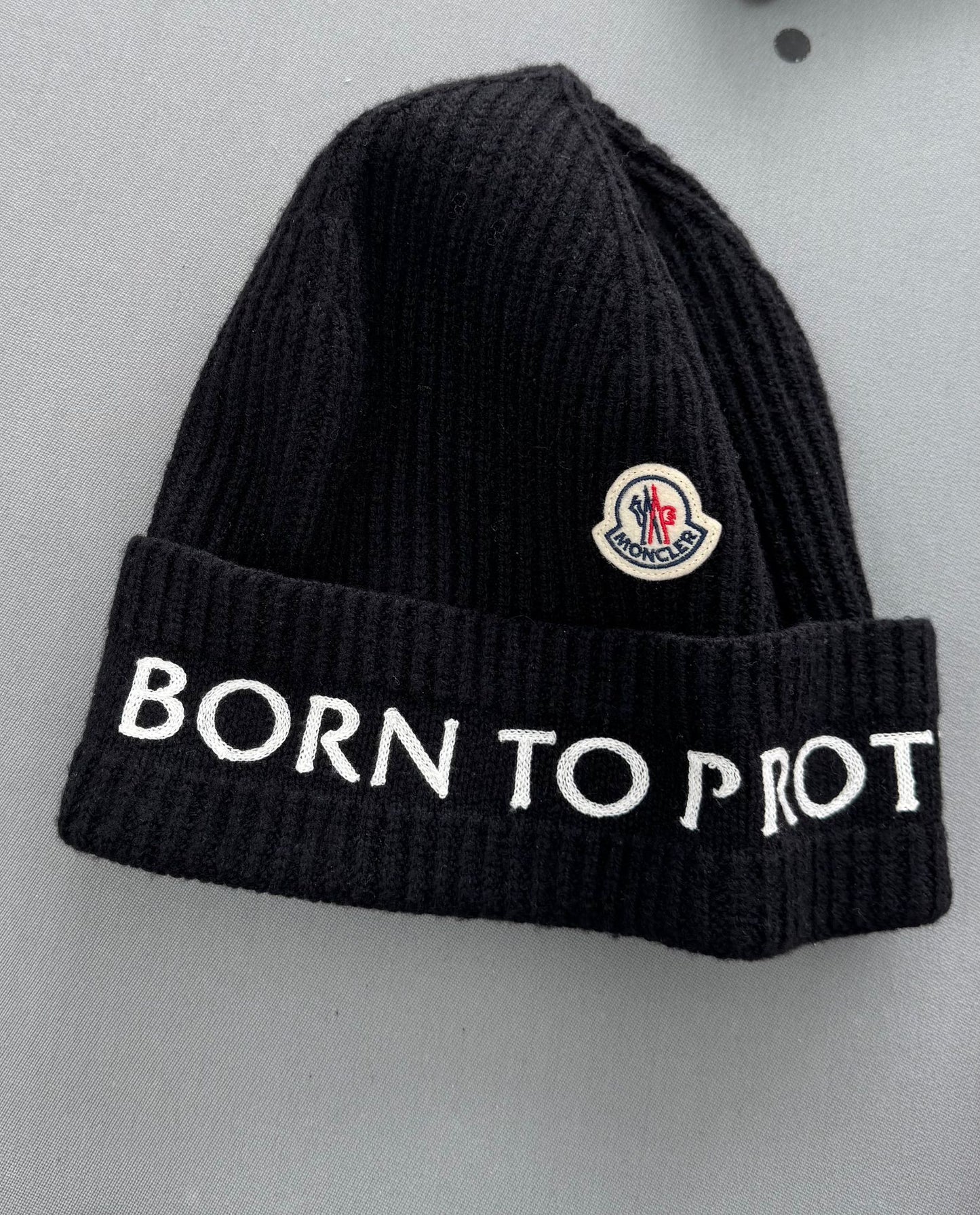 Moncler Black “ Born To Protect “ Tricot Wool Beanie
