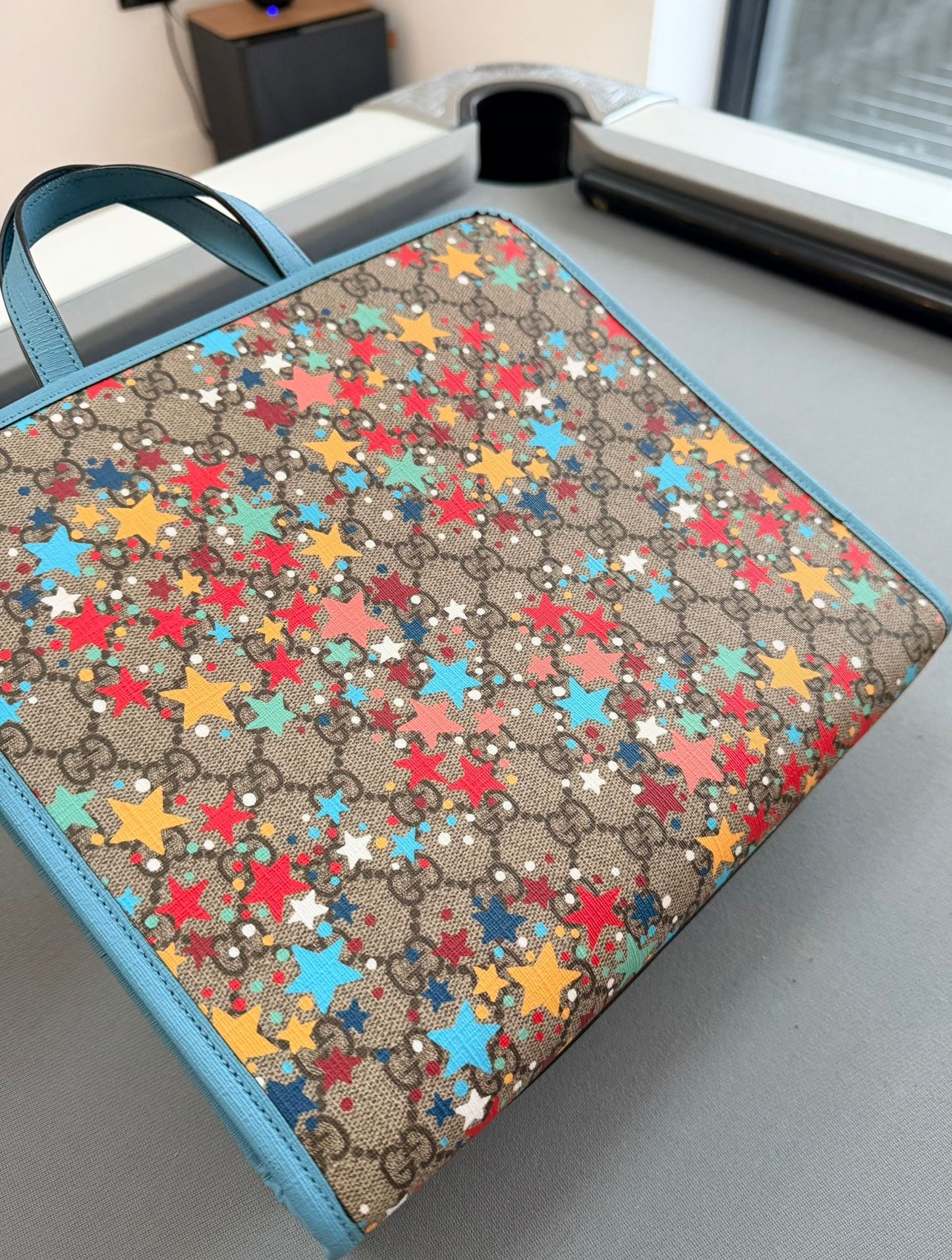 Gucci Children's Star Printed GG Tote Bag With Light Blue Leather Trim