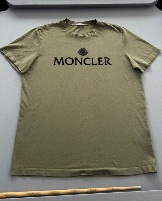 Moncler Khaki Branded Chest Cotton T Shirt - Size: XL