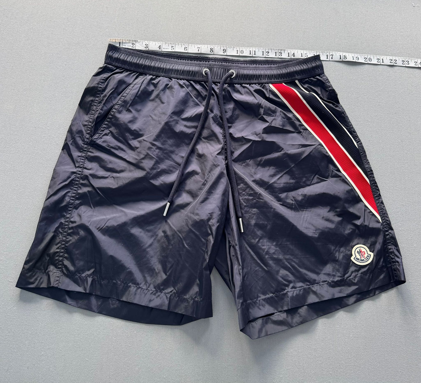 Moncler Navy Logo-Appliquéd Striped Swim Shorts - Size: Medium (Fits 32-34'' waist)