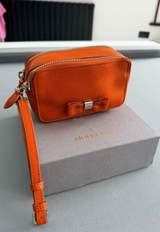 Mulberry Bow Wristlet Double Zip Pouch in Orange With Silver Hardware