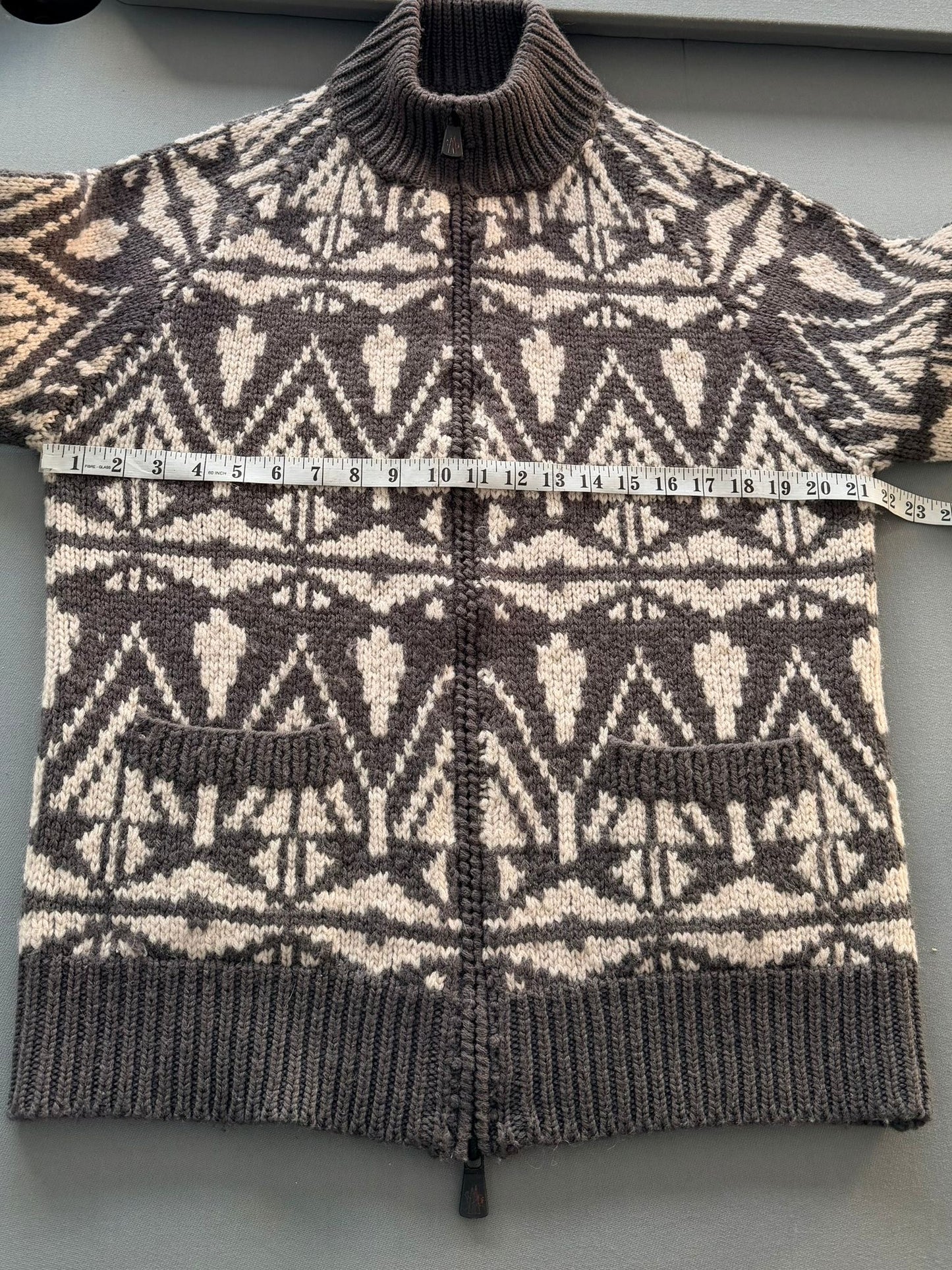 Moncler Grenoble Maglione Tricot Heavy Knit Grey Patterned Cardigan - Size: XL