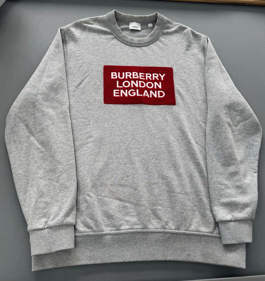 Burberry Grey Logo Patch Cotton Sweatshirt - Size: Large (24.5” PTP) - Fits XL