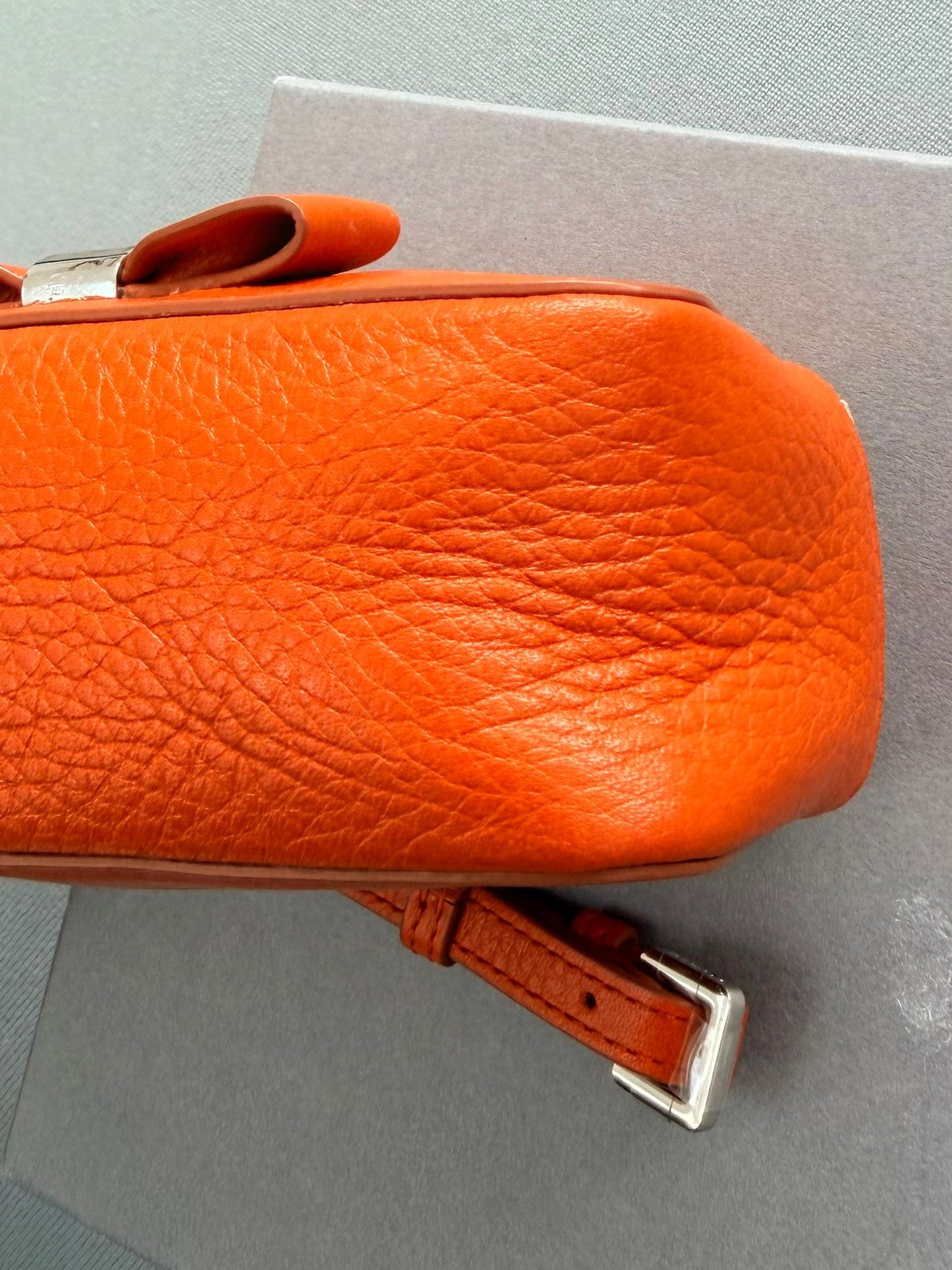 Mulberry Bow Wristlet Double Zip Pouch in Orange With Silver Hardware