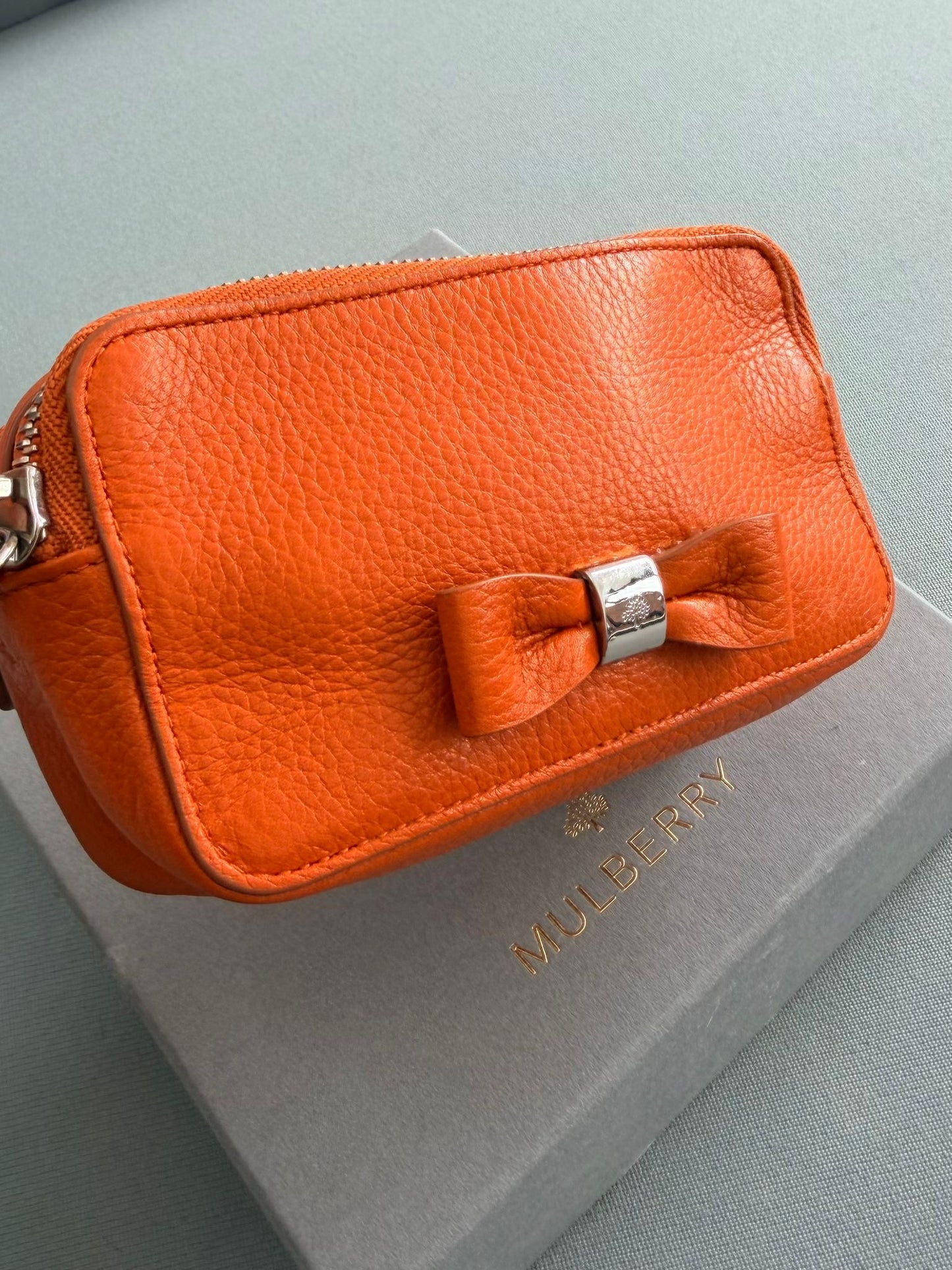 Mulberry Bow Wristlet Double Zip Pouch in Orange With Silver Hardware