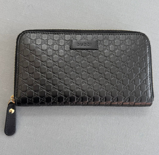 Gucci Micro Guccissima GG Black Leather Zip Around Purse