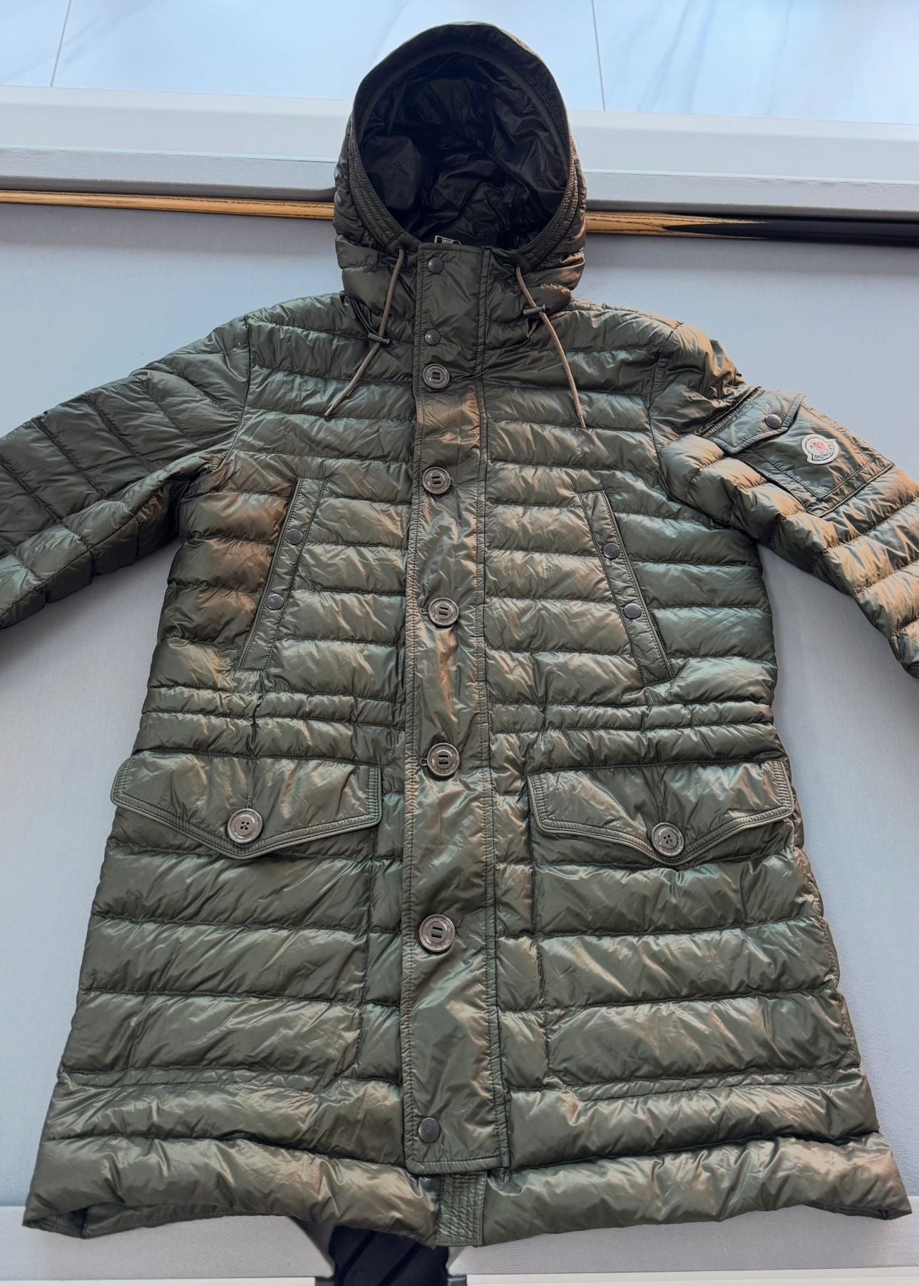 Moncler Khaki Benjamin Down Hooded Quilted Jacket - Size: Large 3 (22.5'' ptp)