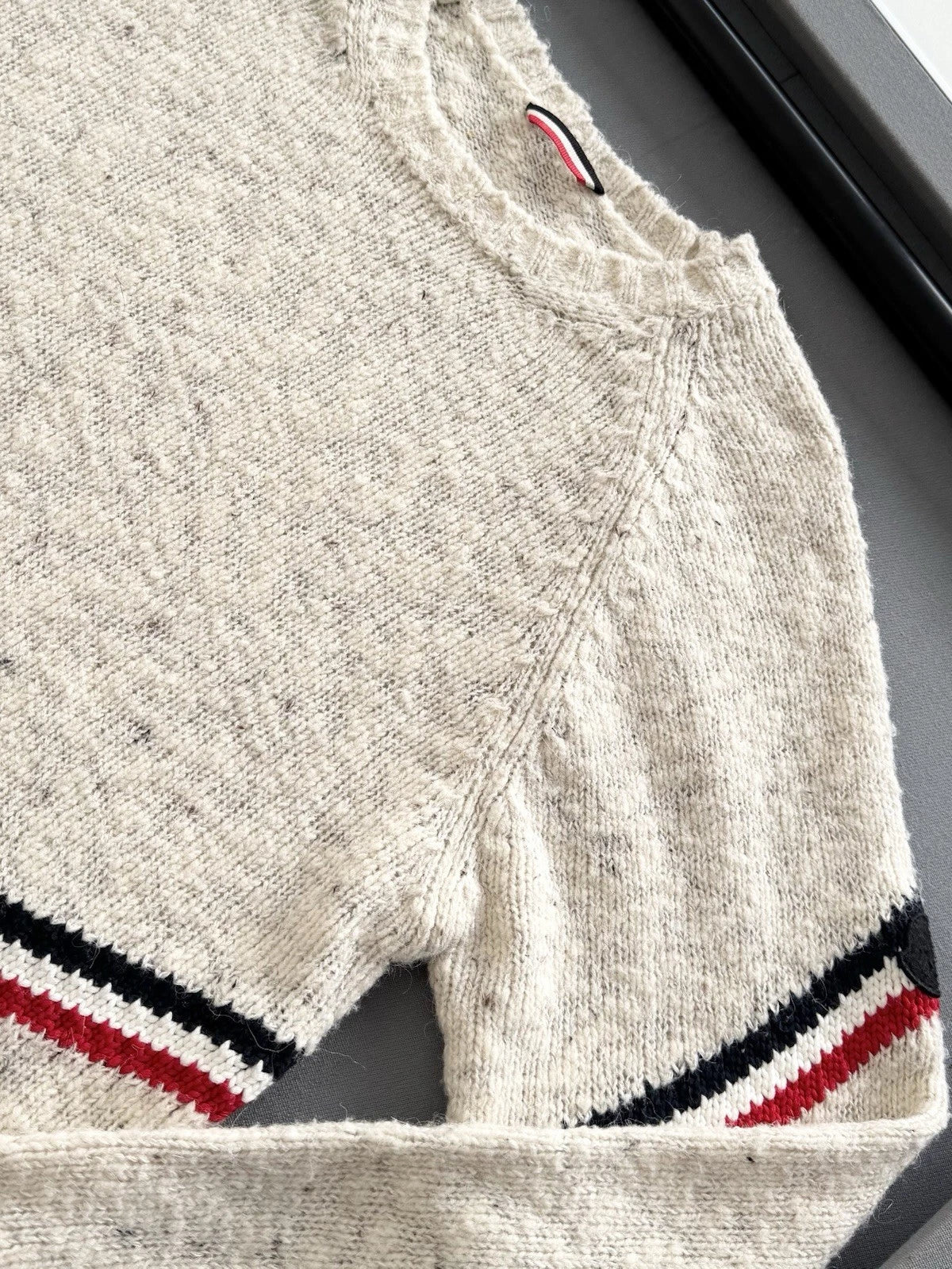 Moncler Stripe Beige Wool And Alpaca Blend Sweater - Size: XL (23” PTP)