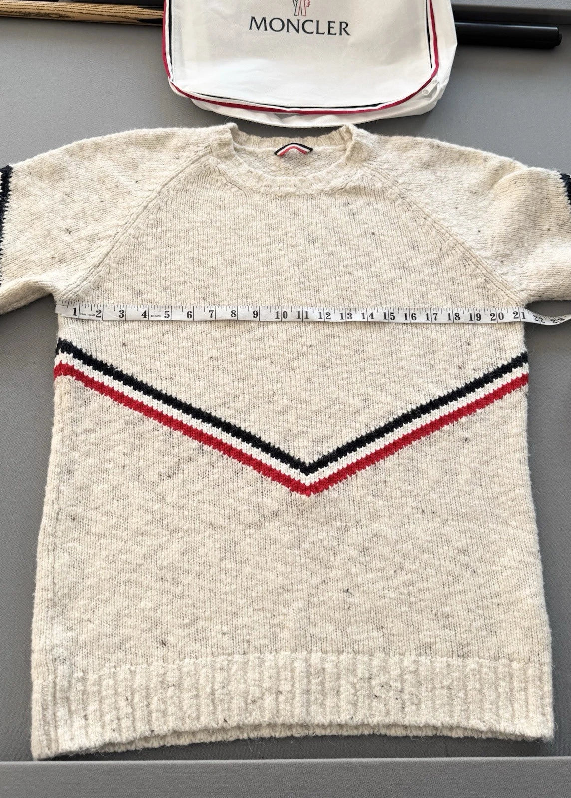 Moncler Stripe Beige Wool And Alpaca Blend Sweater - Size: XL (21” PTP)