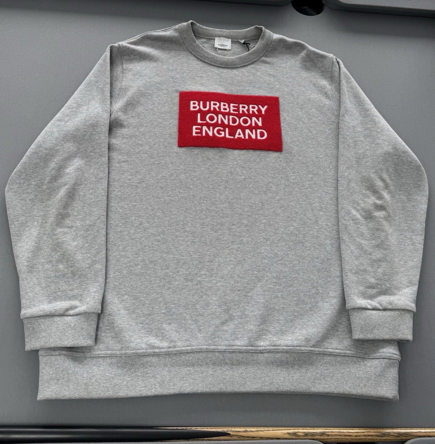 Burberry Grey Logo Patch Cotton Sweatshirt - Size: XL (26” PTP) Fits XXL
