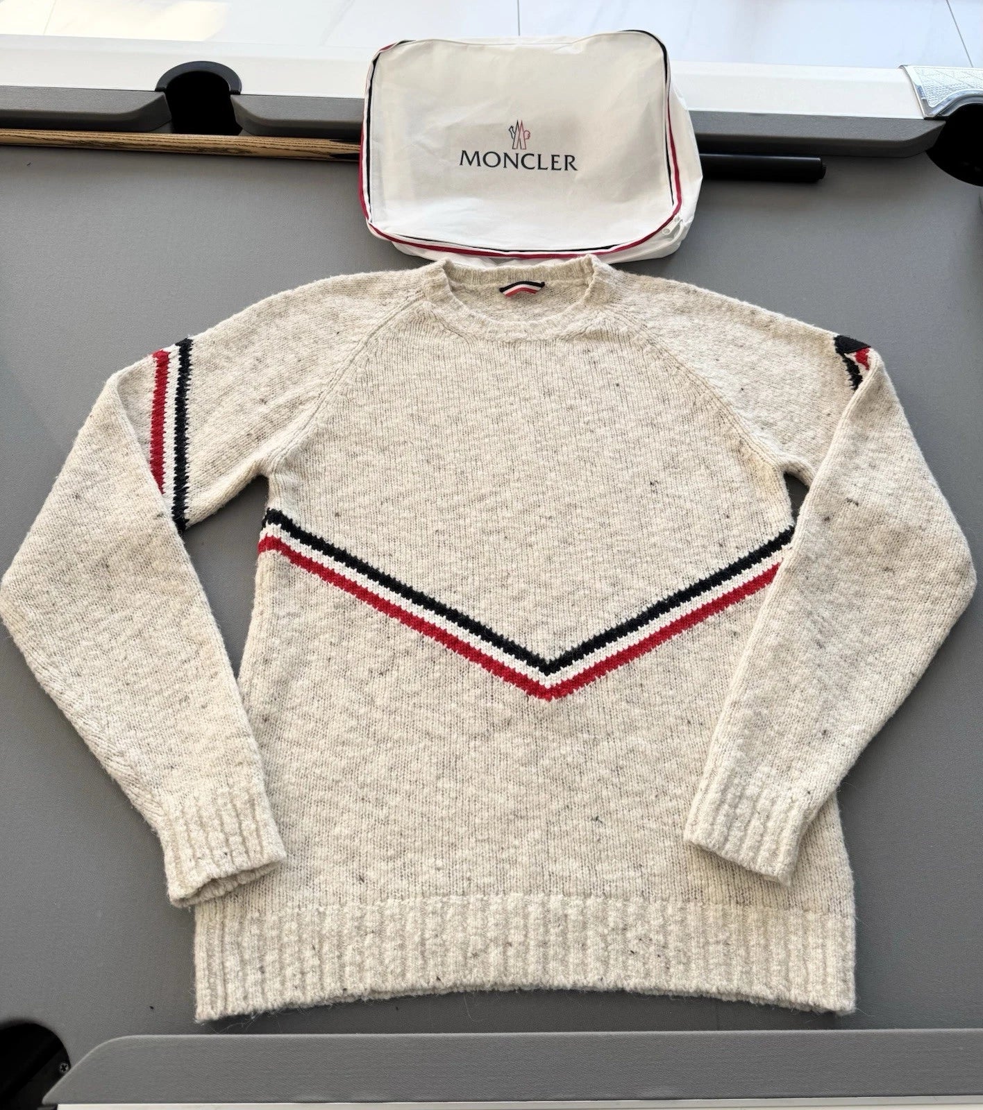 Moncler Stripe Beige Wool And Alpaca Blend Sweater - Size: XL (21” PTP)