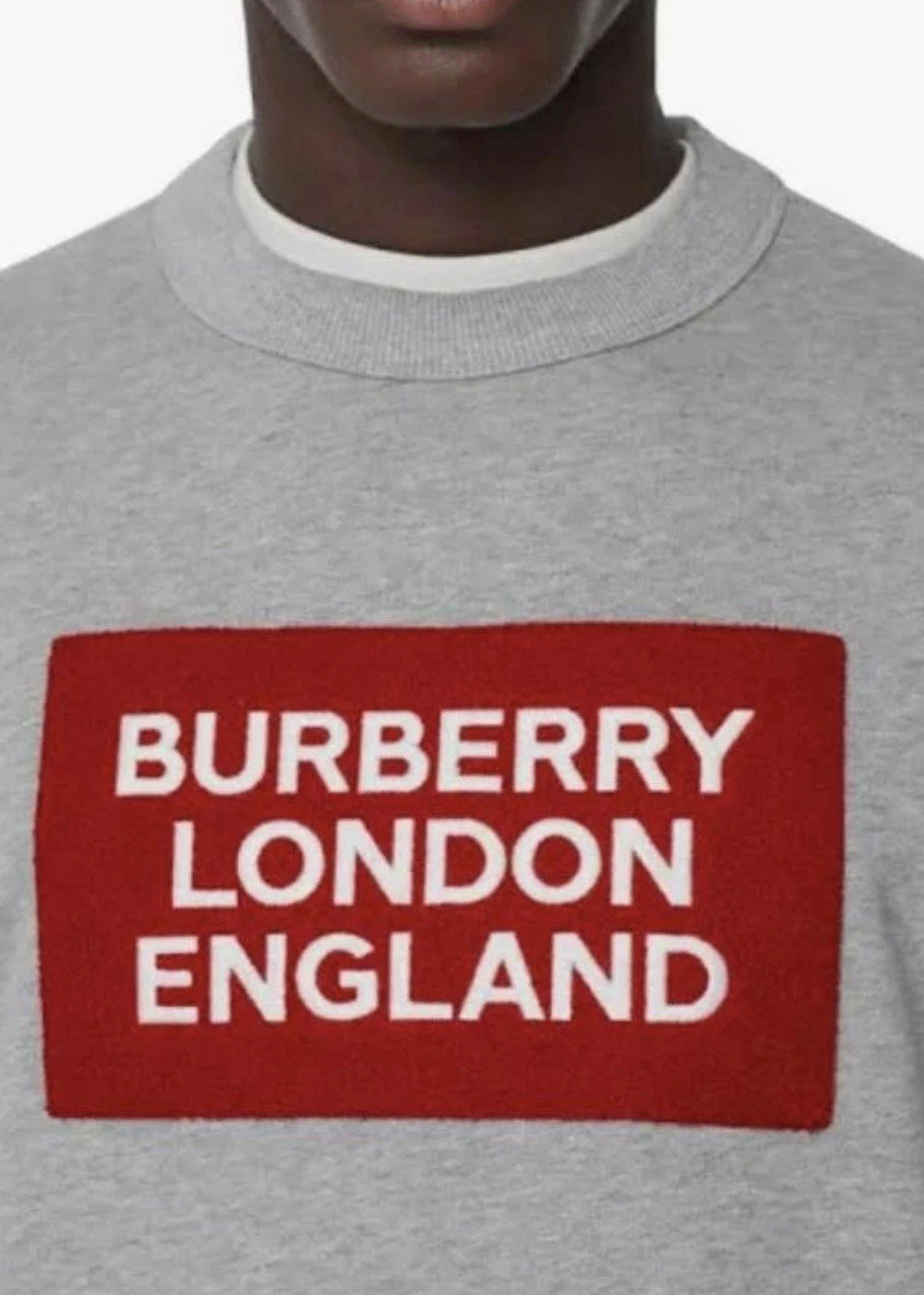 Burberry Grey Logo Patch Cotton Sweatshirt - Size: XL (26” PTP) Fits XXL
